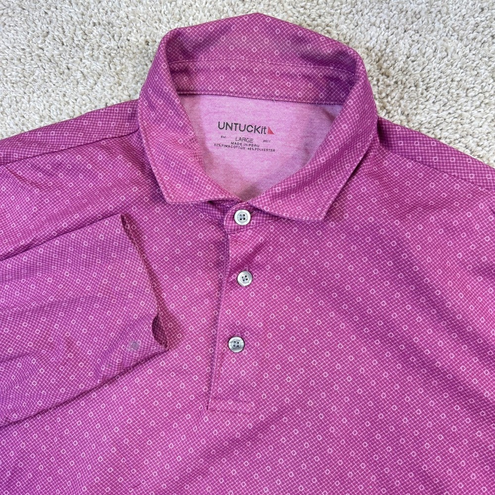UNTUCKit Beaux Lattice Print Long Sleeve Polo Shirt Men's Large Pink